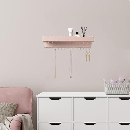 Lampaggio Wall Mount Jewelry Organizer with 28 Hooks and Cosmetics Shelf, Modern Wood Hanging Jewelry Holder for Necklaces, Bracelets, Earrings and Rings, Pink thumbnail 8