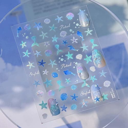 Beach Nail Stickers Seashell Starfish Mermaid Dolphin Nail Decals with Shell Light Design - Blue Summer Stickers for Nails Self Adhesive Nail Art Supplies & Decorations for Women Girls 1 Sheet thumbnail 4