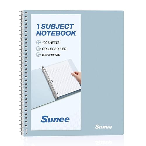 SUNEE Spiral Notebook, 1-Subject, College Ruled Paper, 8" x 10-1/2", 100 Sheets per Notebook, 3-Hole Punched Paper, Water Resistant Cover, Double-sided Pockets, Grey Blue - Image 1