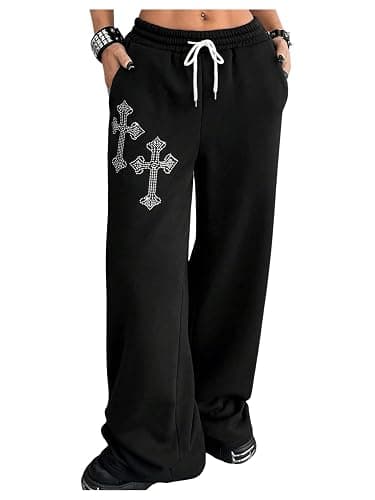SOLY HUX Women's Y2k Baggy Pants Drawstring Waist Gothic Rhinestone Wide Leg Sweatpants - Image 1