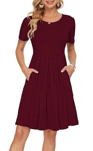 AUSELILY Women's Short Sleeve Pleated Loose Swing Casual Dress with Pockets Knee Length - Image 1
