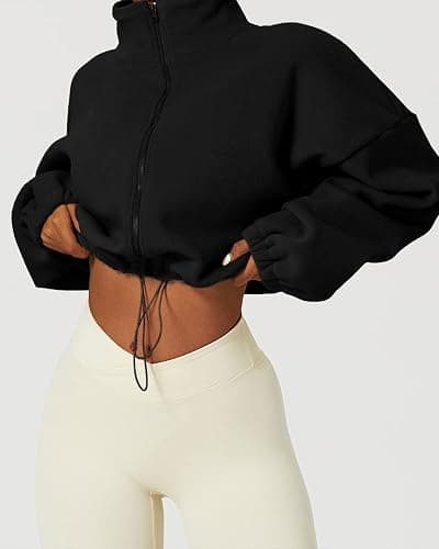 QINSEN Women's Full Zip Fleece Short Jacket Warm Winter Long Sleeve Stand Collar Sherpa Crop Coat thumbnail 3