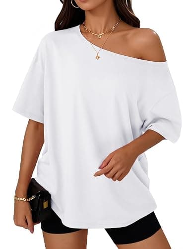 Trendy Queen Womens Off The Shoulder Tops Oversized T-Shirts Short Sleeve Tees Summer 2025 Casual Spring Fashion Clothes - Image 1