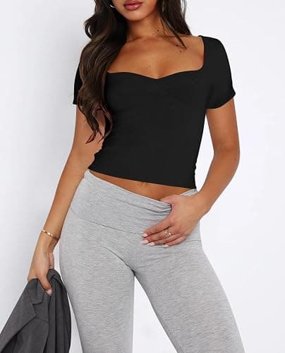 Cioatin Women Cute Sweetheart Neck Short Sleeve Crop Tops Ruched Summer Going Out T Shirt Y2K Clothes Tee Teens thumbnail 3