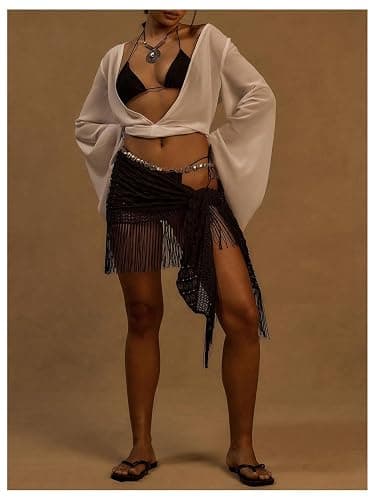 MakeMeChic Women's Tie Side Fringe Sarong Bathing Suit Wrap Cover Up Beach Skirt thumbnail 4