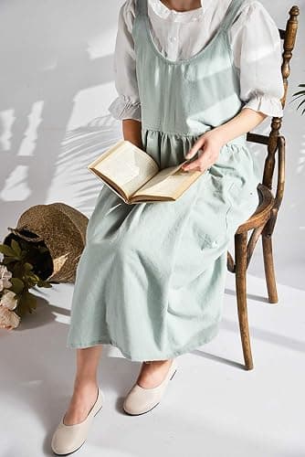 NEWGEM Cotton Linen Cross Back Apron for Women with Pockets for Cooking Gardening Turquoise without Waist Ties thumbnail 3