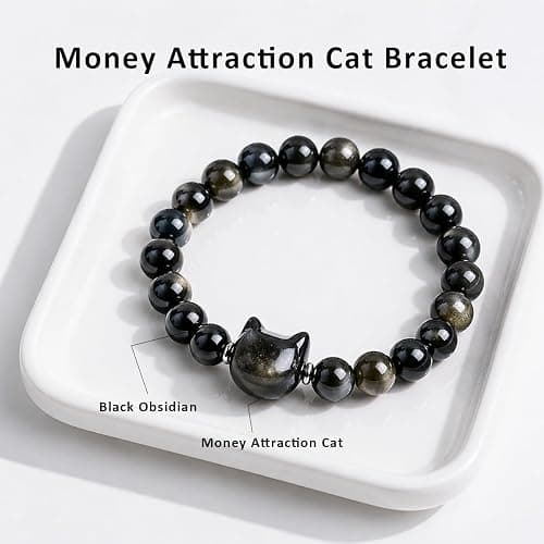 Beaded Bracelets for Women, Black Obsidian Money Attraction Bracelet, 8mm Healing Relax Anxiety Luck Crystal Bead Bracelets, Adjustable Jewelry Feng Shui Stretch Bracelet Cat Lover Gifts for Women Men thumbnail 5