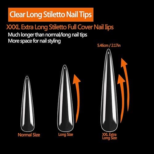 Extra Long Stiletto Nail Tips, 504PCS XXXL Fake Acrylic Nails, Clear Full Cover No C Curve Stiletto Nails Tips for Acrylic Nails Professional, Flattened Press On Nails 12 Sizes thumbnail 3