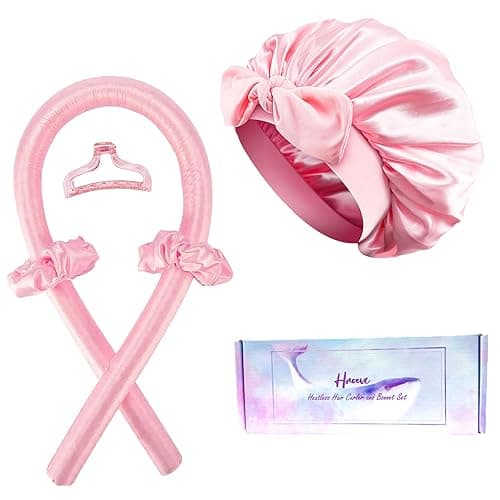 Hroevc No Heat Overnight Curls with Double Layer Satin Bonnet - Soft Hair Curlers to Sleep In, heatless Curling Rods Set + Silk Bonnet for Women & Girls Long Hair, Heatless Waves & Volume (Pink)