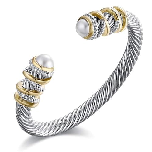 Eastbon Twisted Cable Bracelet with Composite Shell Pearl 6" Antique Cuff Bracelets for Women - Image 1