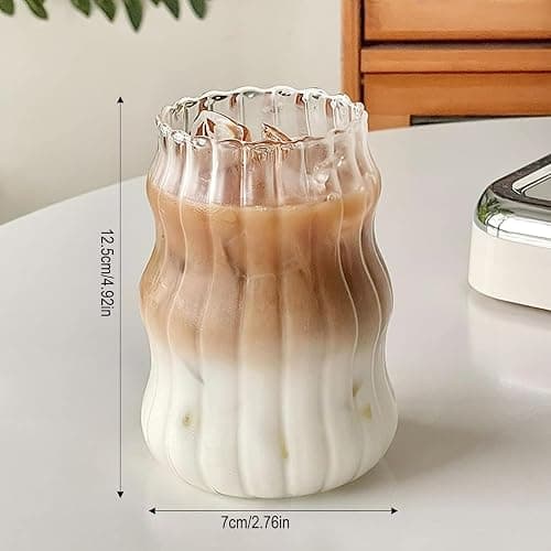 2 Pcs Ribbed Glass Cups, 18 Oz Vintage Drinking Glassware with Wave Shape Design, Bubble Cups for Iced Coffee, Juice, Beverage, Milk, Cocktails, Bubble Tea, and More thumbnail 2