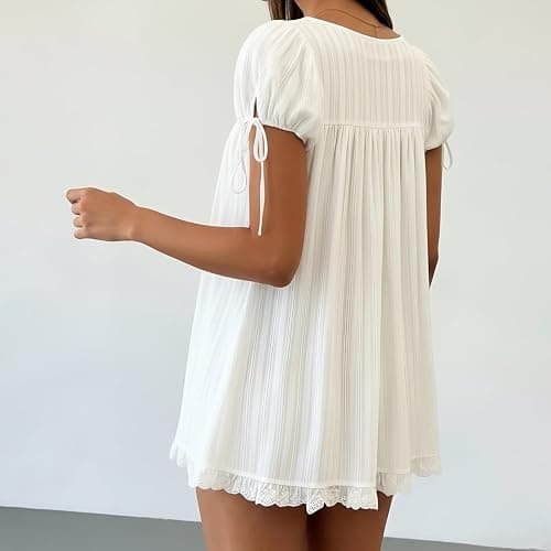 Women Square Neck Babydoll Dress Short Puff Sleeve Lace Trim Ruffle Hem Loose Fit Summer Casual Mini Dress thumbnail 4