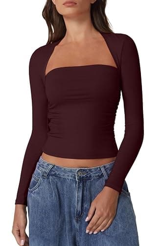 QINSEN Long Sleeve Square Neck Tops for Women Double Lined Side Ruching Going Out Shirts Basic Tee - Image 1