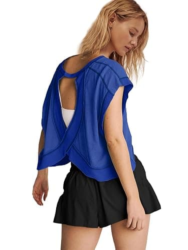 Panadila Womens Open Back Workout Top Oversized Workout T Shirts Backless Athletic Shirt Short Sleeve Baby Tee thumbnail 5