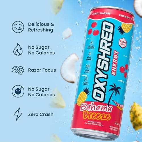EHP Labs OxyShred Healthy Energy Drink - Zero Sugar Energy Drinks with Amino Acids, Green Tea Extract, Vitamin C & L Carnitine - Zero Carbs, Zero Calories, Clean Caffeine, Bahama Breeze (12-Pack) thumbnail 4