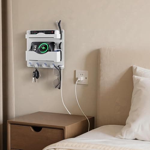 JUMEIHUI Bedside Wall Shelf with Glasses Hooks ，Adhesive Bedside Organizer Wall Mount for Dorm and Room Accessories Phone，Remote，Earphone， Kindle (White) thumbnail 2