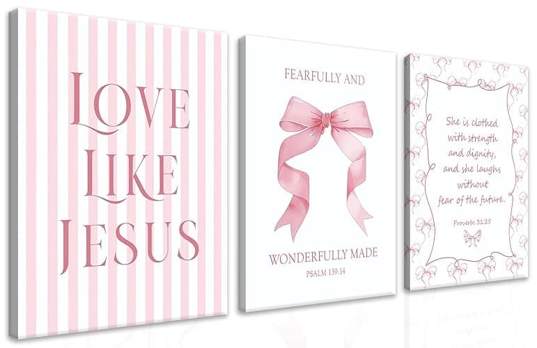 Coquette Pink Bow Wall Art Set of 3, Light Pink Bow Dorm Room Wall Decor Paintings, Inspirational Scripture Verses Canvas Posters Prints Pictures for Girls Dorm Room Bedroom Bathroom 12x16 Inch Framed - Image 1