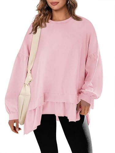 Tankaneo Womens Oversized Tops Peplum Puff Long Sleeve Shirts Trendy Casual Loose Fit Crew Neck Tunic Shirts - Image 1