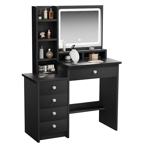 Vanity Desk, Makeup Table with Mirror and Lights, 90cm Black Dressing Table, Fiver Drawers - Image 1