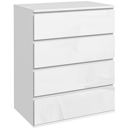 HOMCOM Dresser for Bedroom with 4 Drawers, High Gloss Chest of Drawers with Metal Runners and Groove Handles for Living Room, Hallway, White - Image 1