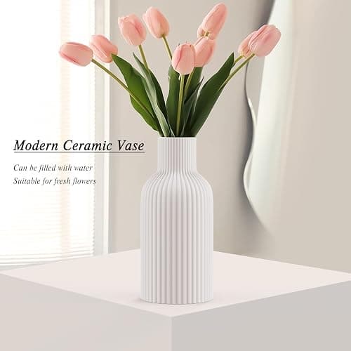 White Ceramic Flower Vase, Minimalist Modern Home Decor, Matte Finish Pampas Grass Vase for Table, Fireplace, Shelf, Mantel, Entryway and Centerpieces thumbnail 4