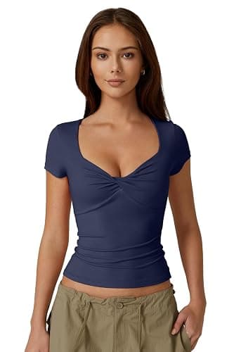 QINSEN Women's Sexy Twist Front V Neck T Shirts Double Lined Short Sleeve Slim Fit Crop Top Trendy Y2K Tops Tee thumbnail 4