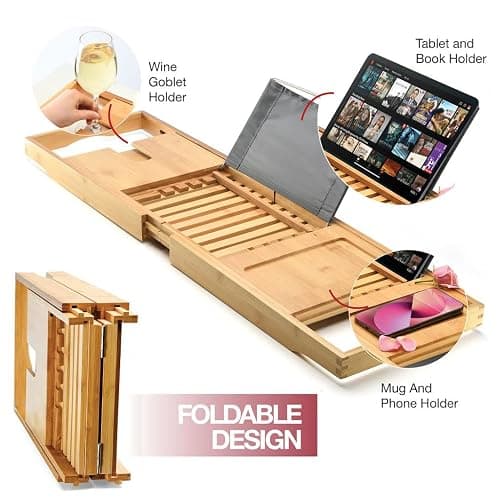Luxury Foldable Bathtub Tray Caddy - Waterproof Wooden Bath Organizer for Wine, Book, Soap, Phone - Expandable Size Fits Most Tubs thumbnail 4