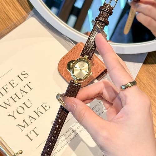 Womens Fashion Small Gold Oval Quartz Watches Vintage Leather Band Waterproof Luxury Casual Ladies Bracelet Wrist Watch Brown Black thumbnail 3