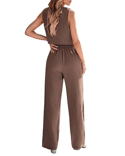 KIRUNDO Womens Two Piece Outfits Summer Fashion Button V Neck Crop Vest Blazer and Wide Leg Pants Suit Matching Sets thumbnail 2