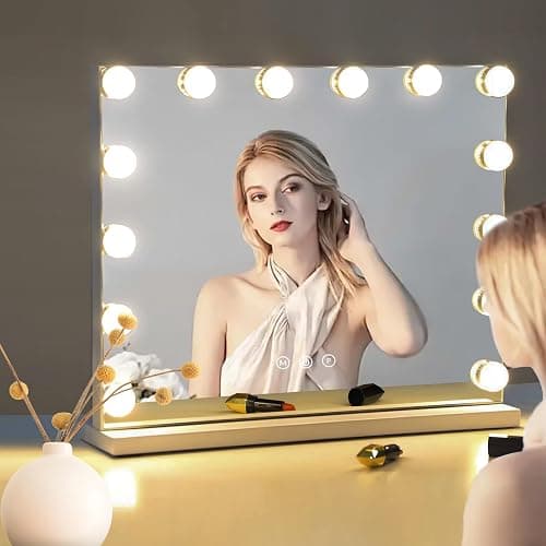 MKupView 22.8" x 18.2" Vanity Mirror with Lights White Makeup Mirror Hollywood Mirror with 15 Dimmable LED Bulbs 3 Color Modes 10X Magnification & USB Charging Port Mirror for Wall-Mounted thumbnail 3