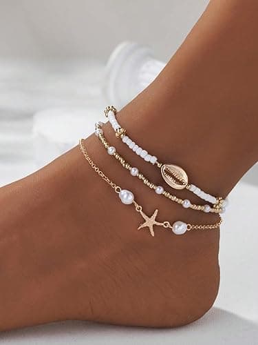 MakeMeChic Women's 3 Pack Metal Starfish Anklet Bracelet Beaded Adjustable Boho Foot Jewelry thumbnail 2