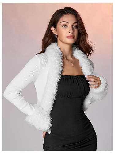 MakeMeChic Women's Faux Fur Open Front Coat Fuzzy Long Sleeve Crop Jacket Outerwear thumbnail 3