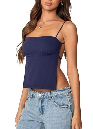 Backless Crop Top for Women Y2K Open Back Cami Top Spaghetti Strap Tie Back Sleeveless Cotton Summer Going Out Tank Top thumbnail 2