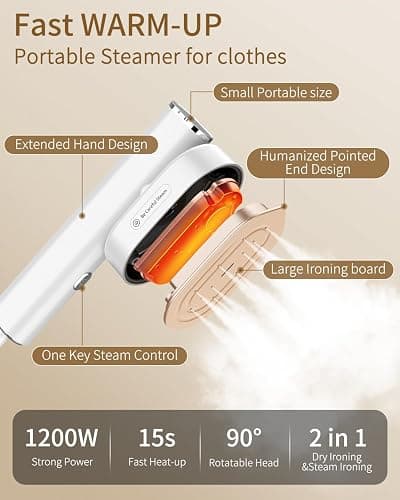 Hulmay Steamer Clothes, 1200W Clothes Steamer, Steam Iron 2-in-1, Portable Handheld Steamer for Travel 10s Heat-Up, Travel Size Clothing Steamer and Garment Steamer for Home, Office -White, 110-120V thumbnail 3