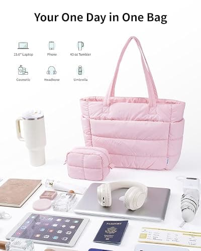 Narwey Nylon Puffer Tote Bag for Women, Quilted Work Nurse Teacher Tote Bag | Lightweight, Puffy, Aesthetic, Trendy, 15.6 Laptop Sleeve, 40oz Tumble holder, Shoulder Bag for Travel, Gym, Holiday Gifts thumbnail 6