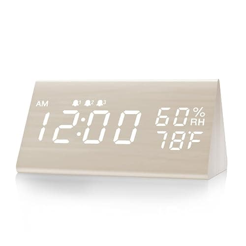 Digital Alarm Clock, with Wooden Electronic LED Time Display, 3 Alarm Settings, Humidity & Temperature Detect, Wood Made Electric Clocks for Bedroom, Bedside, Desk, White - White - Image 1