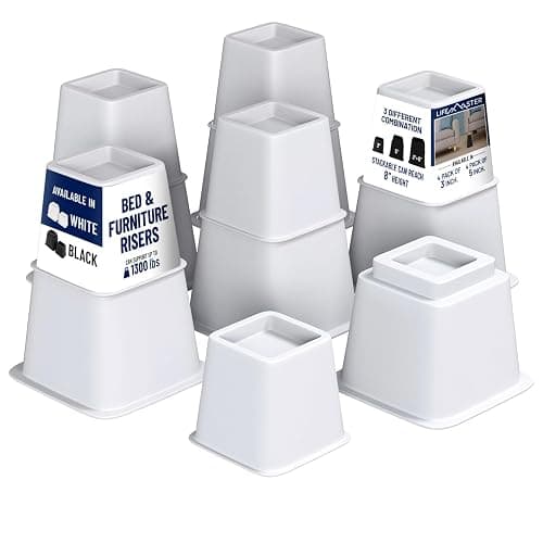 LifeMaster 8pcs Bed Risers Set - 3.5 inch Adjustable Heavy Duty Furniture Risers for Sofa Couch, Great for Under Bed Storage (White) - 3.5inch-8 PACK - White - Image 1
