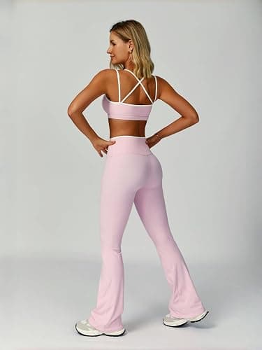 ABOCIW Workout Sets for Women 2 Piece Color Block Strappy Sports Bra High Waist Flare Leggings Gym Yoga Pilates Outfits thumbnail 3