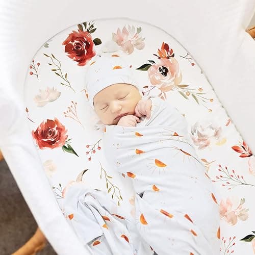 Stretchy Ultra Soft Bassinet Fitted Sheets 3 Pack, Universal Fitted for Bassinets Oval Rectangle Mattress, Pretty Bassinet Sheets for Baby Girls, Watercolor Rose Flora Orange Pink thumbnail 2