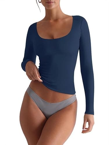 REORIA Womens Basic Square Neck Long Sleeve Shirts Double Lined Tops Tight Shirts Fall Outfits 2025 thumbnail 2