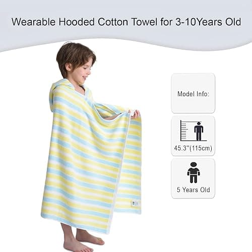 VOOVA & MOVAS Toddler Towels for Boys - 100% Cotton (3-10Years) - Quick Dry Absorbent Lightweigh Hooded Wrap Towel for Pool | Swim | Beach | Bath, Yellow Blue Stripe thumbnail 6