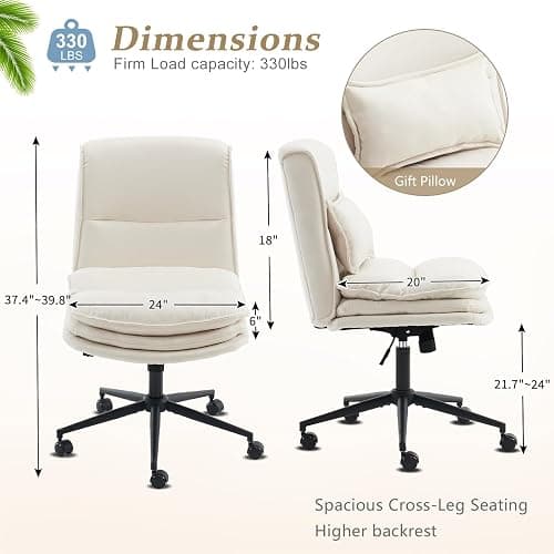 VINGLI Cloud Criss Cross Legged Chair,18" High Back Armless Home Office Desk Chair with Wheels,Wide Adjustable Comfy Padded Seat Task Computer Chair,Modern Swivel Makeup Vanity Chair,Microfiber,Beige thumbnail 3