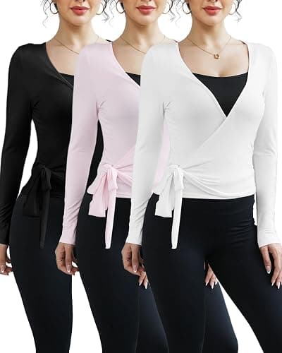 Simlakey 3 Pack Women Ballet Pilates Wrap Tops Y2K Workout Yoga Wrap Shirts Dance Long Sleeve Tie Front Crop Going Out Tops - Image 1