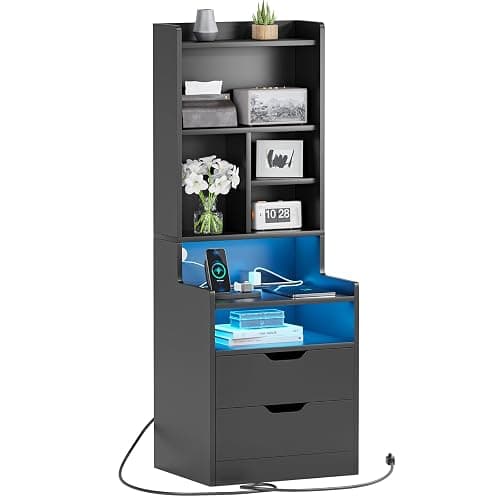 ADORNEVE Tall Night Stand with Charging Station and LED Lights,Nightstand with Bookshelf,Bedside Table with Drawers & Power Outlets,End Side Table for Bedrooms (Black) - Image 1
