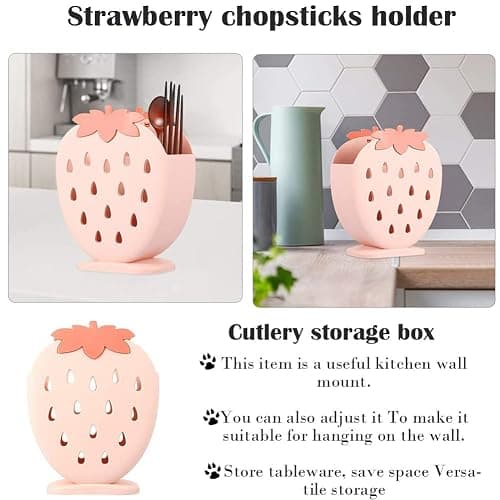 AKOAK 1 Pack Strawberry Chopsticks Stand, Cutlery Storage Box, Suitable for Storing Spoons, Chopsticks, Spoons, Knives and Other Kitchen Utensils (Light Pink) thumbnail 9
