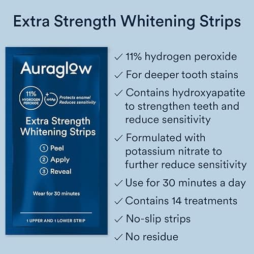 Auraglow Extra Strength Teeth Whitening Strips, Strong Whitening Strips, 14 Whitening Treatments, 11% Hydrogen Peroxide with Nano Hydroxyapatite to Reduce Sensitivity & Protect Enamel, 28 Strips, Mint thumbnail 2