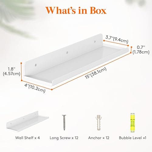 Lifewit Floating Shelves for Wall, 4 Pack White Plastic Shelf 38.1cm Room Decor for Bookcase/Vinyl Record Display/Photo/Picture in Bedroom, Living Room, Bathroom, Kitchen Storage and Organization thumbnail 3