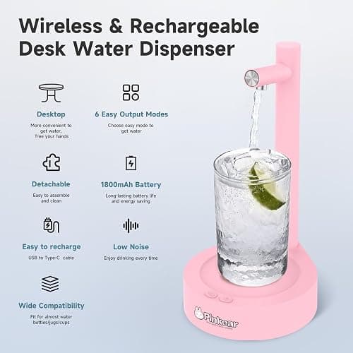 Mottinhill Desktop Water Dispenser for 5 Gallon Bottle, Desktop Portable Countertop Electric Water Pump with Fast USB-C Charging for Home, Office, Desk, Bedside & Outdoor Use (Pink) thumbnail 4