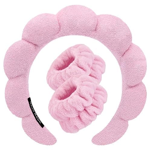 Tetizo Spa Headbands for Washing Face Wristband Set Sponge Makeup Skincare Headband Wrist Towels Bubble Soft Terry Towel Cloth Hairband for Women Puffy Headwear Non Slip Thick Hair Headwear (Pink) - Image 1