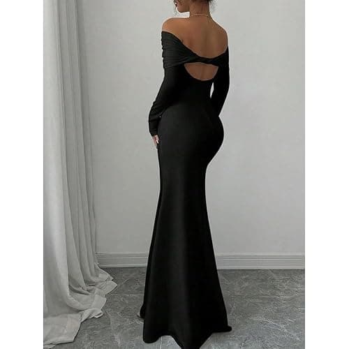 JYIXXZX Robe Femme Sexy Maxi Robes à Épaules Dénudées Elégant Manches Longues Bodycon Robes Longue Chic sans Bretelles Dos Nu Moulante Robe de Soirée Cocktail Nuit Clubbing Fête thumbnail 3
